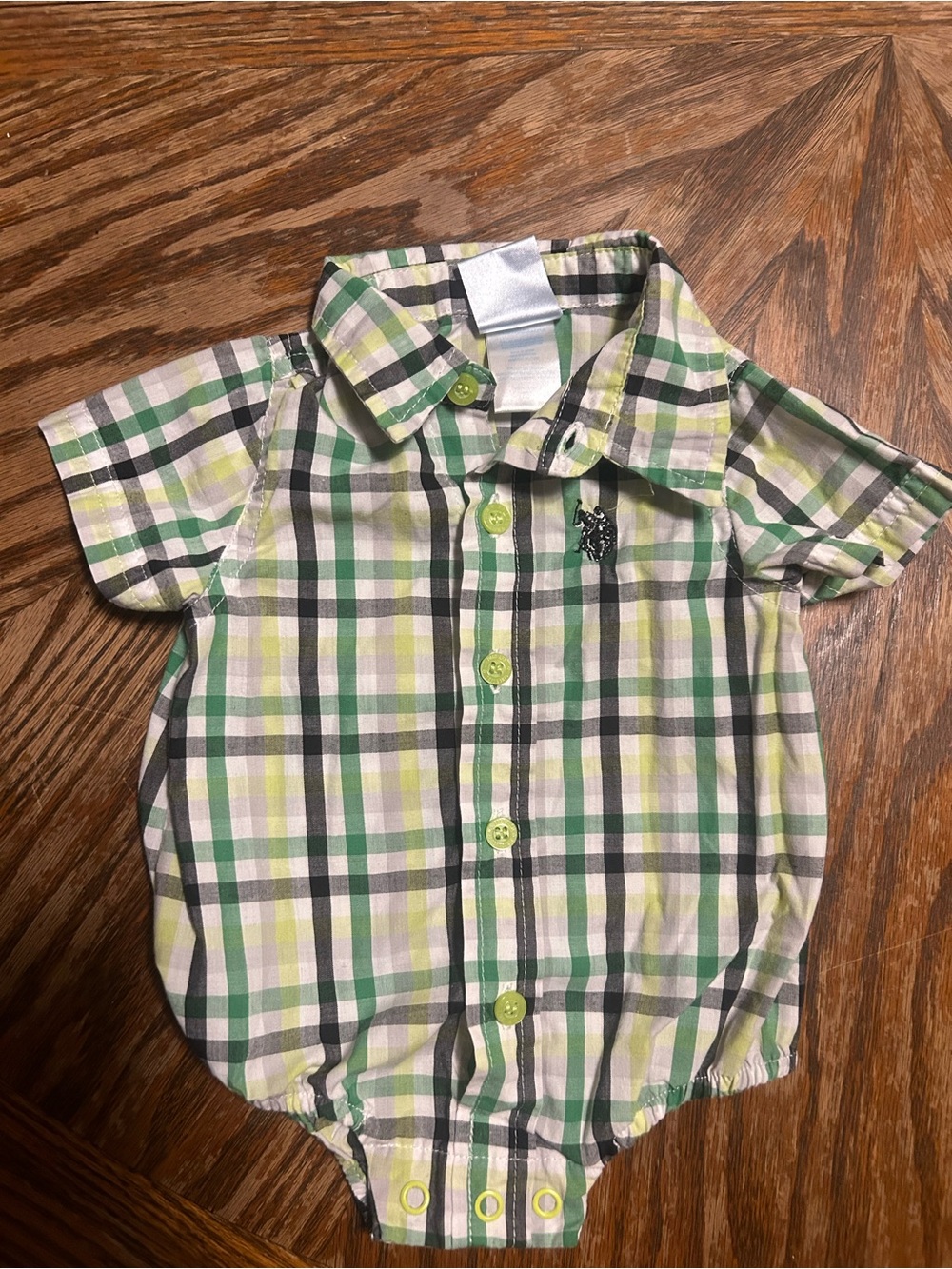 U.S. Polo Assn. Baby Boy Plaid Bodysuit Romper Green Black White Size 3-6M